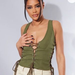 Khaki woven lace up plunge sleeve less top